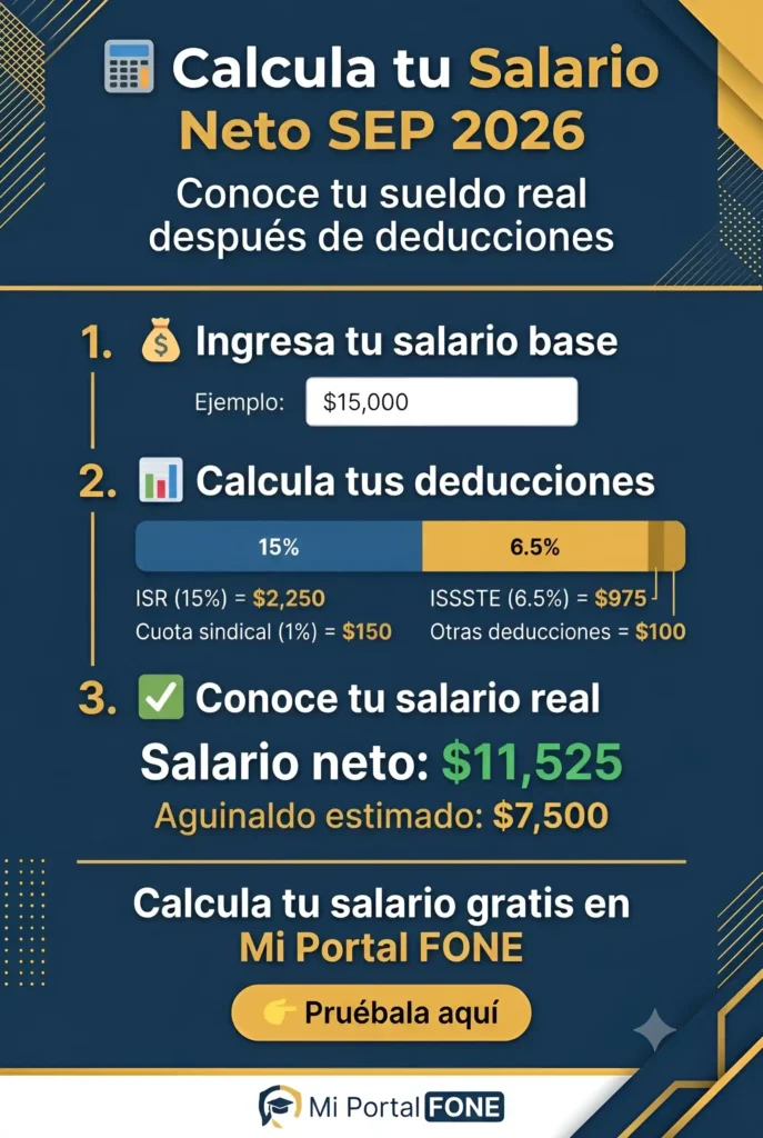 Calcula tu salario neto SEP 2026. Calculadora de sueldo real para maestros con deducciones de ISR, ISSSTE y cuota sindical. Ejemplo práctico: salario base $15,000, deducciones totales $3,475, salario neto $11,525. Incluye botón para probar la herramienta gratis en Mi Portal FONE.